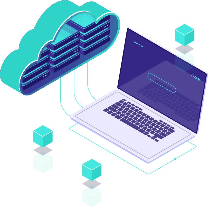Ilustração isométrica de nuvem, servidores e laptop representando soluções em datacenter